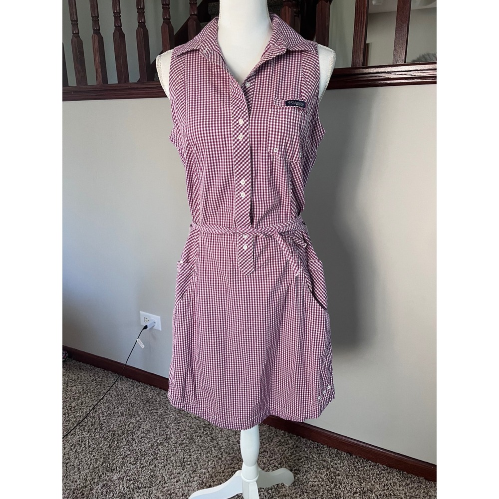 Columbia PFG Super Bonehead Sleeveless Gingham Shirt Dress Purple White Medium